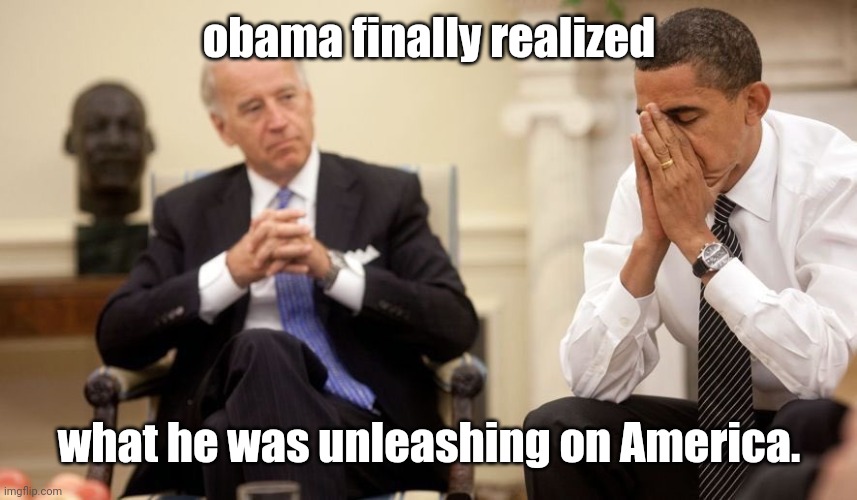 Biden Obama | obama finally realized; what he was unleashing on America. | image tagged in biden obama | made w/ Imgflip meme maker