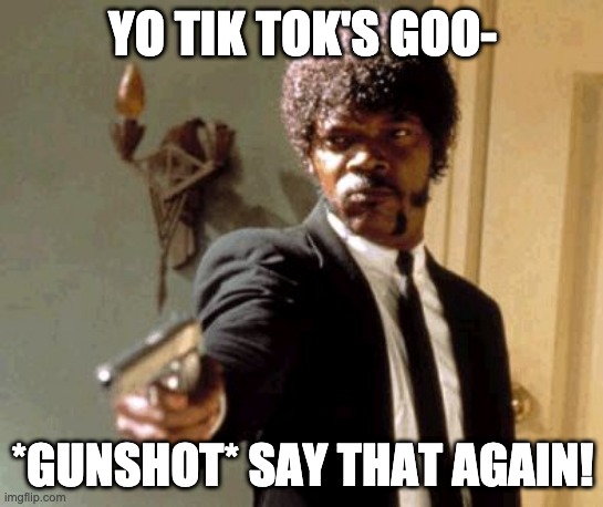 tik tok die | YO TIK TOK'S GOO-; *GUNSHOT* SAY THAT AGAIN! | image tagged in memes,say that again i dare you | made w/ Imgflip meme maker