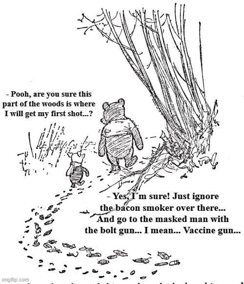 When it´s time, it´s time! | - Pooh, are you sure this part of the woods is where I will get my first shot...? - Yes, I´m sure! Just ignore the bacon smoker over there... And go to the masked man with the bolt gun... I mean... Vaccine gun... | image tagged in winnie the pooh,piglet | made w/ Imgflip meme maker