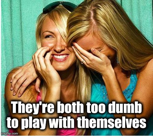 Laughing Girls | They're both too dumb to play with themselves | image tagged in laughing girls | made w/ Imgflip meme maker