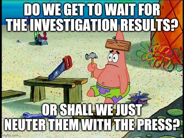 Patrick  | DO WE GET TO WAIT FOR THE INVESTIGATION RESULTS? OR SHALL WE JUST NEUTER THEM WITH THE PRESS? | image tagged in patrick | made w/ Imgflip meme maker