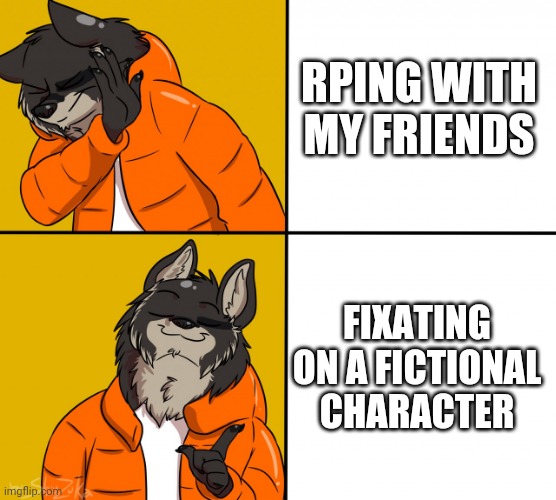 Furry Drake Hotline Bling | RPING WITH MY FRIENDS; FIXATING ON A FICTIONAL CHARACTER | image tagged in furry drake hotline bling | made w/ Imgflip meme maker
