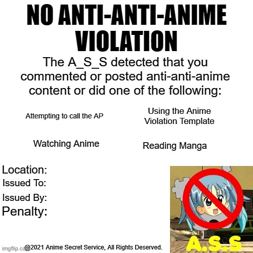 NO ANTI-ANTI-ANIME VIOLATION | image tagged in no anti-anti-anime violation | made w/ Imgflip meme maker