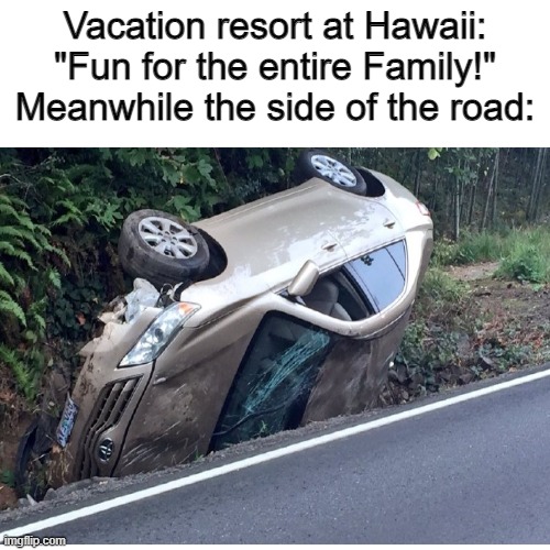 the roads at hawaii are always windy and stuff | Vacation resort at Hawaii: "Fun for the entire Family!"
Meanwhile the side of the road: | image tagged in funny memes,memes,hawaii,car crash | made w/ Imgflip meme maker