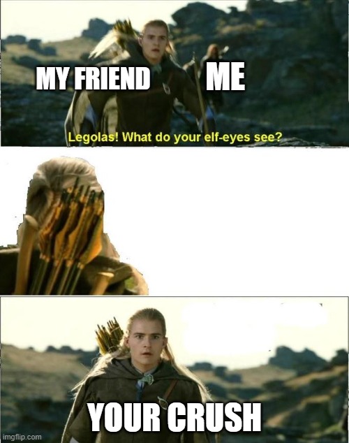 Legolas Elf Eyes | ME; MY FRIEND; YOUR CRUSH | image tagged in legolas elf eyes | made w/ Imgflip meme maker