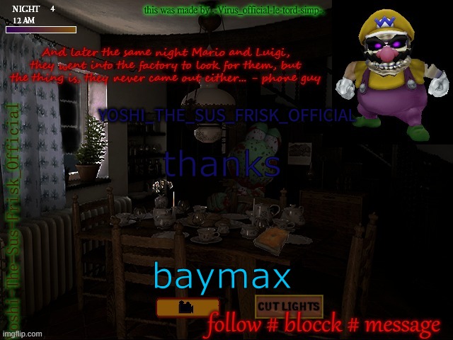 Horror Yoshi(Yoshi_Official Announcement Temp v8 alt alt) | thanks; baymax | image tagged in horror yoshi yoshi_official announcement temp v8 alt alt | made w/ Imgflip meme maker
