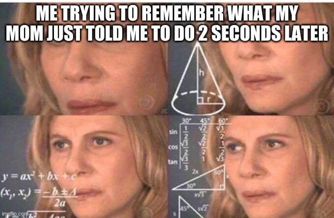 Wait nope dont got it | ME TRYING TO REMEMBER WHAT MY MOM JUST TOLD ME TO DO 2 SECONDS LATER | image tagged in math lady/confused lady | made w/ Imgflip meme maker