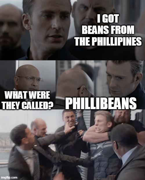 lol | I GOT BEANS FROM THE PHILLIPINES; WHAT WERE THEY CALLED? PHILLIBEANS | image tagged in captain america elevator | made w/ Imgflip meme maker