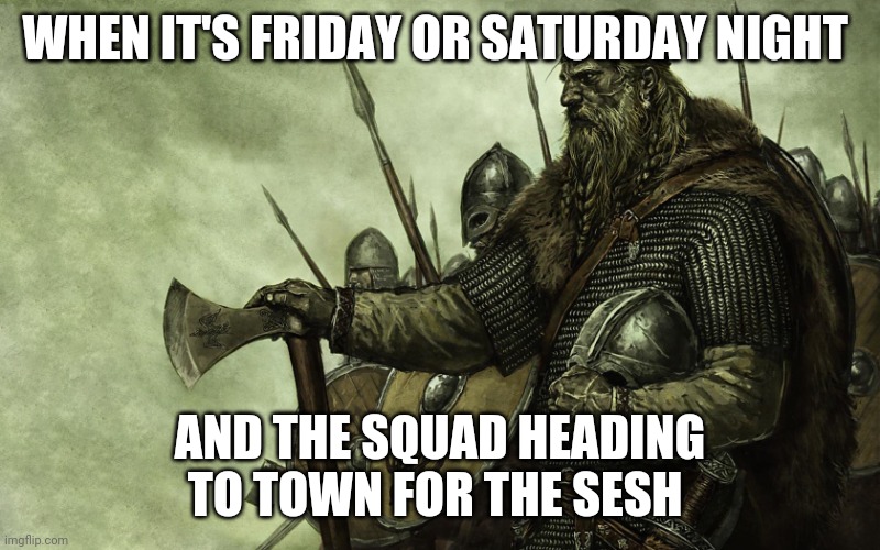 Viking | WHEN IT'S FRIDAY OR SATURDAY NIGHT; AND THE SQUAD HEADING TO TOWN FOR THE SESH | image tagged in viking,memes | made w/ Imgflip meme maker