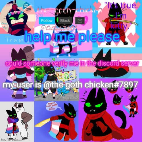 I dumb :/ | help me please; could someone verify me in the discord server; my user is @the goth chicken#7897 | image tagged in the-goth-chicken's announcement template 23 | made w/ Imgflip meme maker