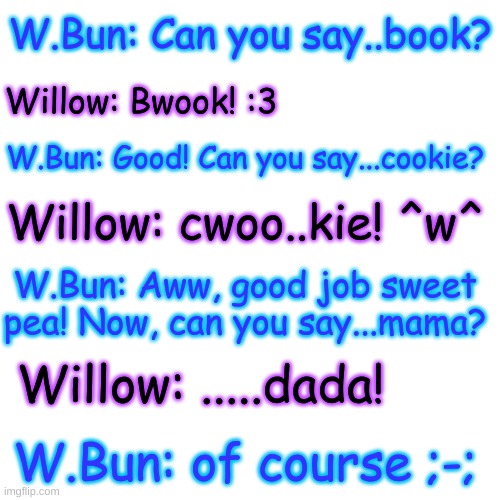 F | W.Bun: Can you say..book? Willow: Bwook! :3; W.Bun: Good! Can you say...cookie? Willow: cwoo..kie! ^w^; W.Bun: Aww, good job sweet pea! Now, can you say...mama? Willow: .....dada! W.Bun: of course ;-; | image tagged in memes,blank transparent square | made w/ Imgflip meme maker