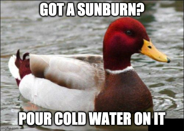 Malicious Advice Mallard | GOT A SUNBURN? POUR COLD WATER ON IT | image tagged in memes,malicious advice mallard | made w/ Imgflip meme maker