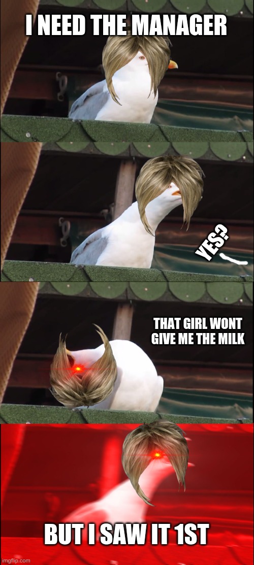 Inhaling Seagull Meme | I NEED THE MANAGER; YES? THAT GIRL WONT GIVE ME THE MILK; BUT I SAW IT 1ST | image tagged in memes,inhaling seagull | made w/ Imgflip meme maker