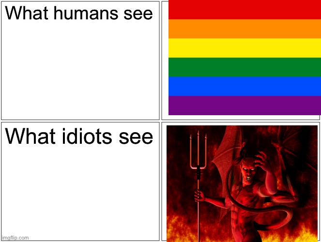 Blank Comic Panel 2x2 | What humans see; What idiots see | image tagged in memes,blank comic panel 2x2 | made w/ Imgflip meme maker