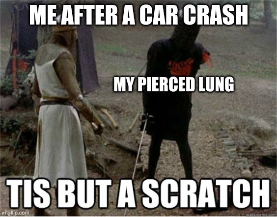 tis but a scratch | ME AFTER A CAR CRASH; MY PIERCED LUNG | image tagged in tis but a scratch | made w/ Imgflip meme maker