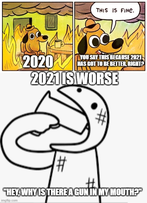 YOU SAY THIS BECAUSE 2021 HAS GOT TO BE BETTER, RIGHT? 2021 IS WORSE; 2020; "HEY, WHY IS THERE A GUN IN MY MOUTH?" | image tagged in memes,this is fine | made w/ Imgflip meme maker
