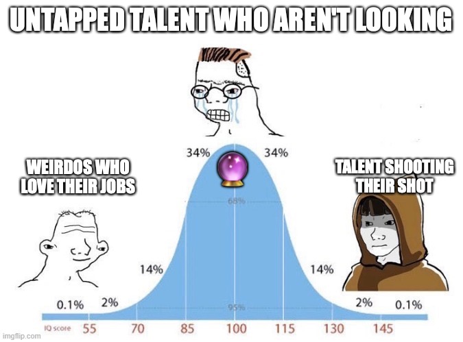 quit your job | UNTAPPED TALENT WHO AREN'T LOOKING; 🔮; TALENT SHOOTING THEIR SHOT; WEIRDOS WHO LOVE THEIR JOBS | image tagged in bell curve,talent,jobs | made w/ Imgflip meme maker