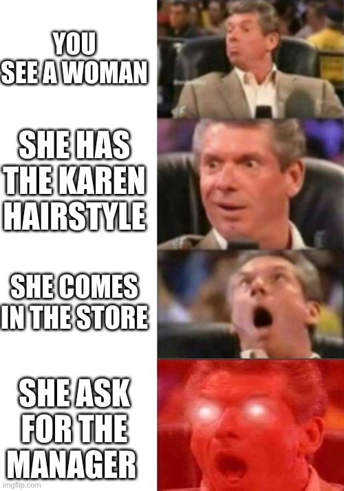 Mr. McMahon reaction | YOU SEE A WOMAN; SHE HAS THE KAREN HAIRSTYLE; SHE COMES IN THE STORE; SHE ASK FOR THE MANAGER | image tagged in mr mcmahon reaction | made w/ Imgflip meme maker