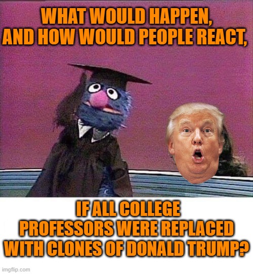 Professor Trump? DOCTOR Trump? Education has a profound effect on society, soooo..... | WHAT WOULD HAPPEN, AND HOW WOULD PEOPLE REACT, IF ALL COLLEGE PROFESSORS WERE REPLACED WITH CLONES OF DONALD TRUMP? | image tagged in professor grover with maria s head,donald trump | made w/ Imgflip meme maker