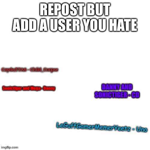 The only two users I actually hate/hated not counting Mason or other trolls (like the one we had a few days ago) | DANNY AND SONICTIGER - CD | made w/ Imgflip meme maker