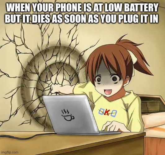 girl punches wall | WHEN YOUR PHONE IS AT LOW BATTERY BUT IT DIES AS SOON AS YOU PLUG IT IN | image tagged in girl punches wall | made w/ Imgflip meme maker