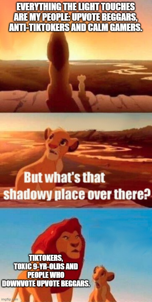 I hate the people mentioned in the meme below! | EVERYTHING THE LIGHT TOUCHES ARE MY PEOPLE: UPVOTE BEGGARS, ANTI-TIKTOKERS AND CALM GAMERS. TIKTOKERS, TOXIC 9-YR-OLDS AND PEOPLE WHO DOWNVOTE UPVOTE BEGGARS. | image tagged in memes,simba shadowy place | made w/ Imgflip meme maker
