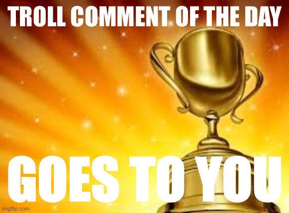 Eyyyy got a winner | TROLL COMMENT OF THE DAY; GOES TO YOU | image tagged in award | made w/ Imgflip meme maker