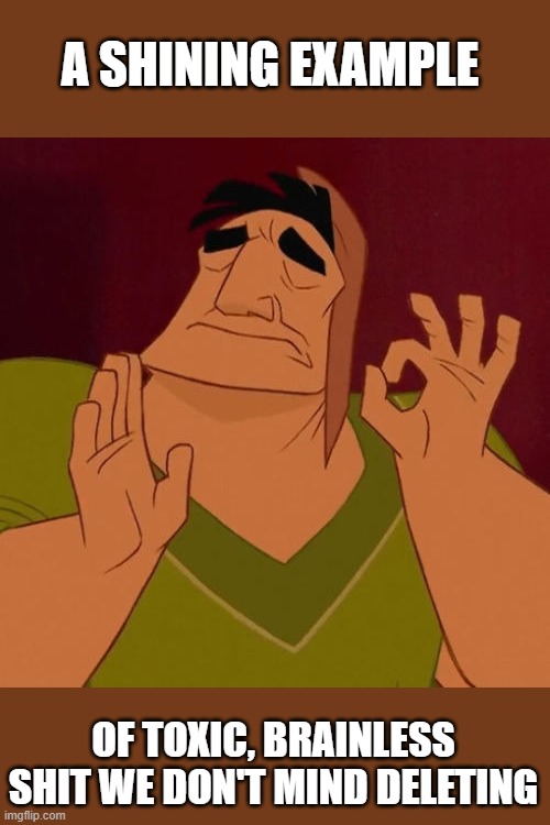 When X just right | A SHINING EXAMPLE OF TOXIC, BRAINLESS SHIT WE DON'T MIND DELETING | image tagged in when x just right | made w/ Imgflip meme maker