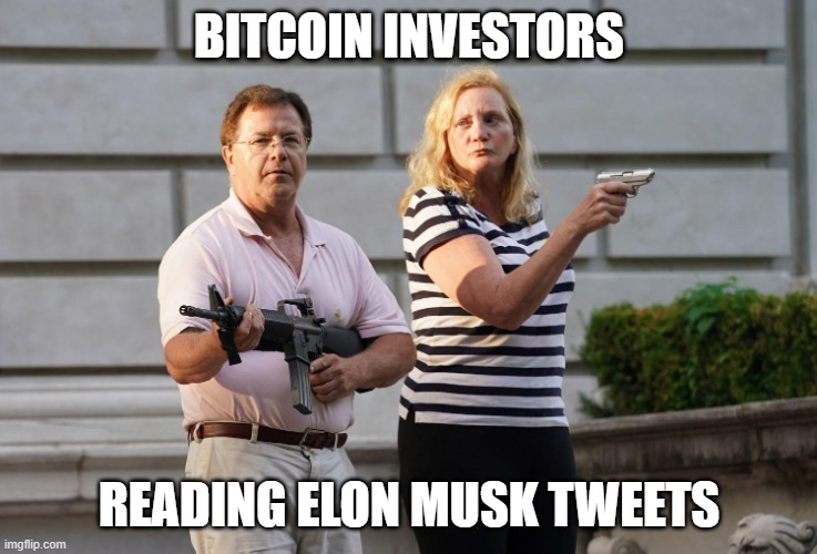 Investor advisory | BITCOIN INVESTORS; READING ELON MUSK TWEETS | image tagged in couple with guns | made w/ Imgflip meme maker