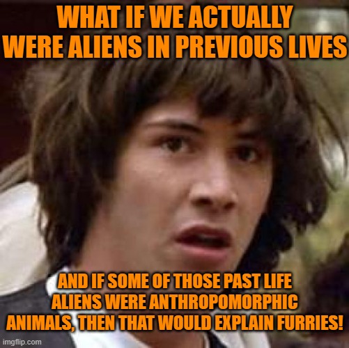 Cat furries are just remembering their past lives as felines from the Lyra system. | WHAT IF WE ACTUALLY WERE ALIENS IN PREVIOUS LIVES; AND IF SOME OF THOSE PAST LIFE ALIENS WERE ANTHROPOMORPHIC ANIMALS, THEN THAT WOULD EXPLAIN FURRIES! | image tagged in memes,conspiracy keanu,furry,aliens | made w/ Imgflip meme maker