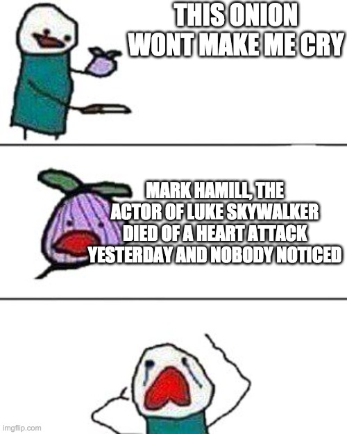 We lost a legend | THIS ONION WONT MAKE ME CRY; MARK HAMILL, THE ACTOR OF LUKE SKYWALKER DIED OF A HEART ATTACK YESTERDAY AND NOBODY NOTICED | image tagged in this onion won't make me cry | made w/ Imgflip meme maker