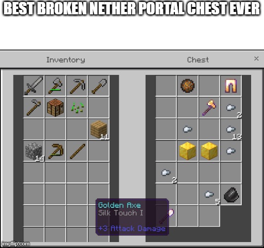 dafuq(this was on bedrock) |  BEST BROKEN NETHER PORTAL CHEST EVER | image tagged in minecraft | made w/ Imgflip meme maker