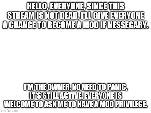 New announcement. | HELLO, EVERYONE, SINCE THIS STREAM IS NOT DEAD, I'LL GIVE EVERYONE A CHANCE TO BECOME A MOD IF NESSECARY. I'M THE OWNER, NO NEED TO PANIC, IT'S STILL ACTIVE, EVERYONE IS WELCOME TO ASK ME TO HAVE A MOD PRIVILEGE. | image tagged in blank white template | made w/ Imgflip meme maker