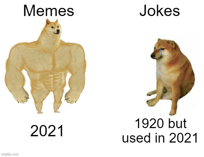 Meme about memes | Memes; Jokes; 2021; 1920 but used in 2021 | image tagged in memes,buff doge vs cheems | made w/ Imgflip meme maker