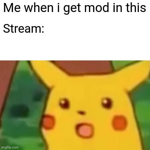 Finally | Me when i get mod in this; Stream: | image tagged in memes,surprised pikachu | made w/ Imgflip meme maker
