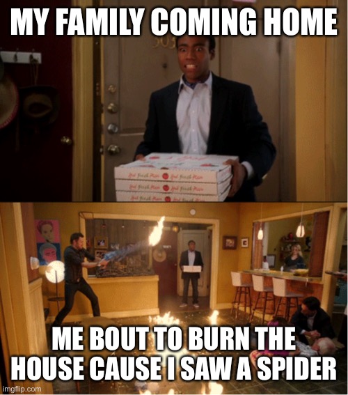They are satan in bug form | MY FAMILY COMING HOME; ME BOUT TO BURN THE HOUSE CAUSE I SAW A SPIDER | image tagged in community fire pizza meme | made w/ Imgflip meme maker