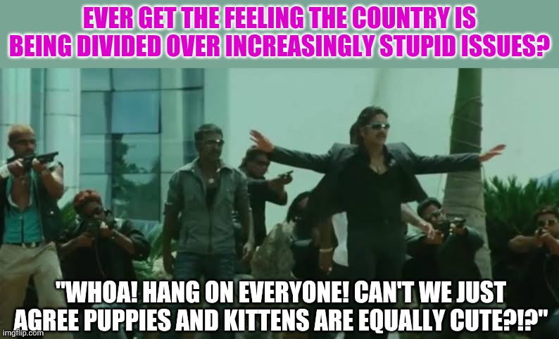 Division is fine in your math test, not so much in your country. |  EVER GET THE FEELING THE COUNTRY IS BEING DIVIDED OVER INCREASINGLY STUPID ISSUES? "WHOA! HANG ON EVERYONE! CAN'T WE JUST AGREE PUPPIES AND KITTENS ARE EQUALLY CUTE?!?" | image tagged in relax boys,division,american politics | made w/ Imgflip meme maker