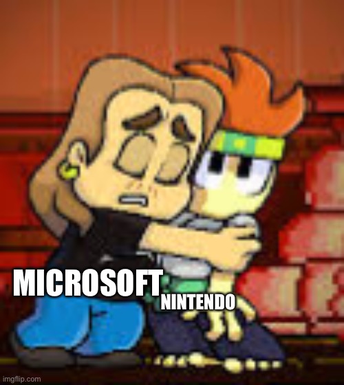 Beer man hugging dan | NINTENDO; MICROSOFT | image tagged in beer man hugging dan | made w/ Imgflip meme maker