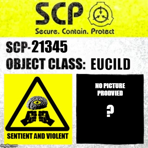 SCP Euclid Label Template (Foundation Tale's) | EUCILD; 21345; NO PICTURE PRODVIED; ? | image tagged in scp euclid label template foundation tale's | made w/ Imgflip meme maker