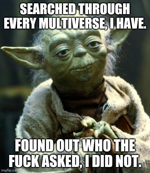 Star Wars Yoda Meme | SEARCHED THROUGH EVERY MULTIVERSE, I HAVE. FOUND OUT WHO THE FUCK ASKED, I DID NOT. | image tagged in memes,star wars yoda | made w/ Imgflip meme maker