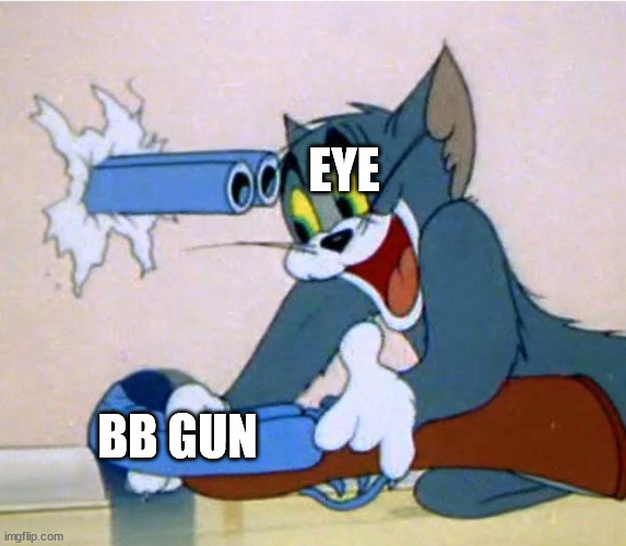 Tom Shooting himself by accident | BB GUN EYE | image tagged in tom shooting himself by accident | made w/ Imgflip meme maker