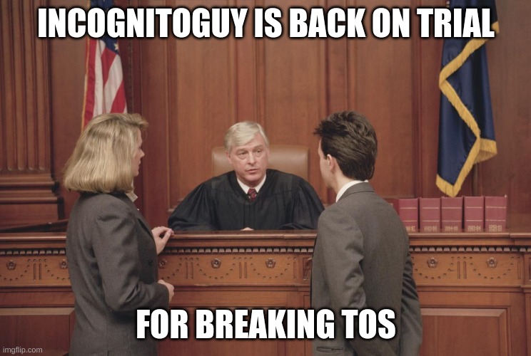 IncognitoGuy V. Who? And i'll suggest the punishments in comments | INCOGNITOGUY IS BACK ON TRIAL; FOR BREAKING TOS | image tagged in courtroom | made w/ Imgflip meme maker