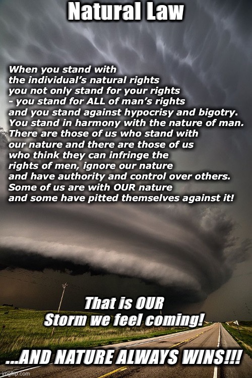 The Storm | Natural Law; When you stand with the individual’s natural rights you not only stand for your rights - you stand for ALL of man’s rights and you stand against hypocrisy and bigotry. 

You stand in harmony with the nature of man.  
There are those of us who stand with our nature and there are those of us who think they can infringe the rights of men, ignore our nature and have authority and control over others. 
Some of us are with OUR nature 
and some have pitted themselves against it! That is OUR Storm we feel coming! ...AND NATURE ALWAYS WINS!!! | image tagged in storm,nature,supernatural,law,justice,i fear no man | made w/ Imgflip meme maker