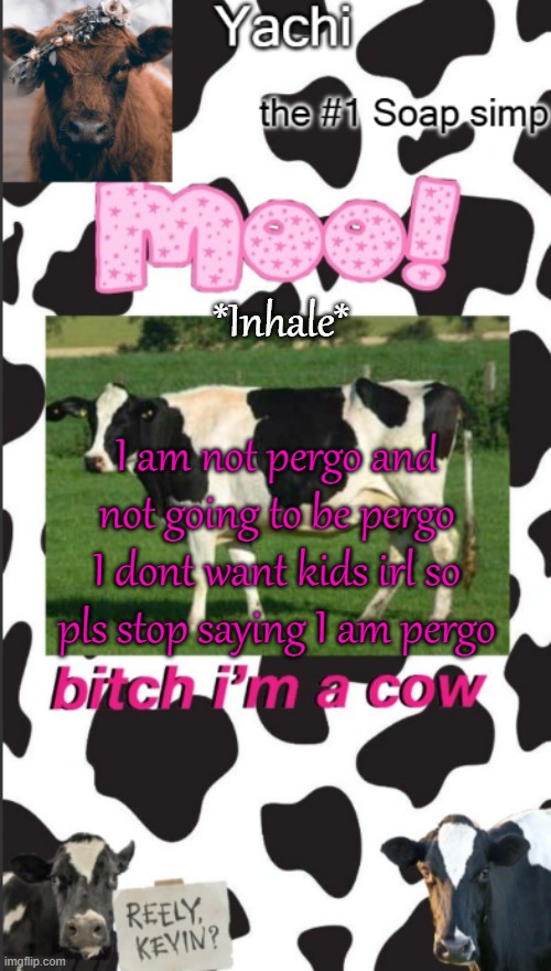 Yachis cow temp | *Inhale*; I am not pergo and not going to be pergo I dont want kids irl so pls stop saying I am pergo | image tagged in yachis cow temp | made w/ Imgflip meme maker