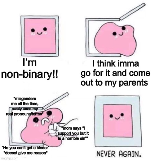 Help meh,,,,? whenever I ask for a binder my parents say “no” and then don’t give me a reason. They say “do I need a reason??” L |  I’m non-binary!! I think imma go for it and come out to my parents; *misgenders me all the time, rarely uses my real pronouns/terms*; *mom says “I support you but it is a horrible sin”*; “No you can’t get a binder”
*doesnt give me reason* | image tagged in never again,non-binary,binder | made w/ Imgflip meme maker