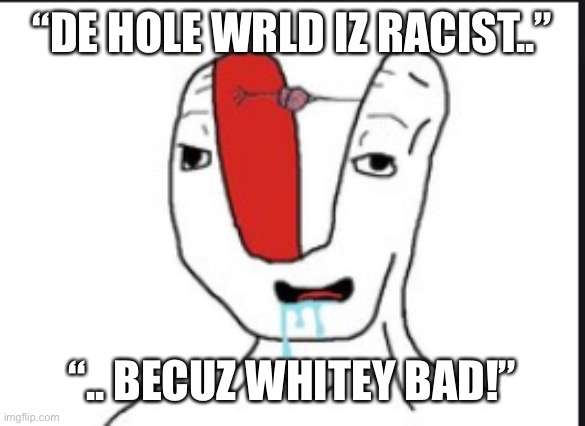 Small brain | “DE HOLE WRLD IZ RACIST..” “.. BECUZ WHITEY BAD!” | image tagged in small brain | made w/ Imgflip meme maker