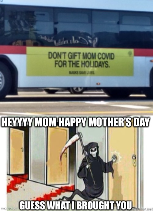 HEYYYY MOM HAPPY MOTHER’S DAY; GUESS WHAT I BROUGHT YOU | image tagged in grim reaper knocking door | made w/ Imgflip meme maker