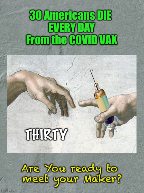 Just the Known, & REPORTED Cases | 30 Americans DIE 
EVERY DAY
From the COVID VAX; THIRTY; Are You ready to 
meet your Maker? | image tagged in vaccine,convid,create the problem,provide the solution,gain power and riches,dems hate america | made w/ Imgflip meme maker
