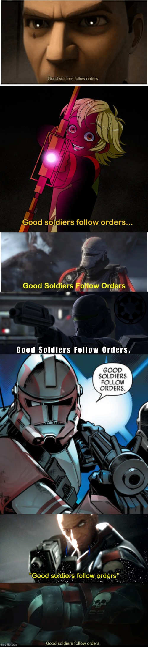 ok did'nt omega say she did NOT have an inhibitor chip? | image tagged in good soldiers follow orders | made w/ Imgflip meme maker