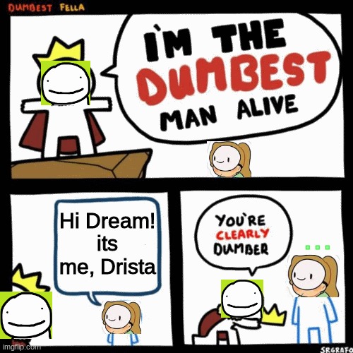 Dreams POV when Drista joins the server: | Hi Dream! its me, Drista; ... | image tagged in i'm the dumbest man alive,minecraft,dream | made w/ Imgflip meme maker